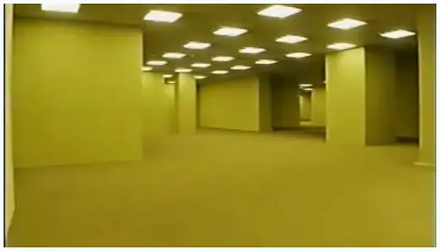 A lone figure trapped in a vast, disorienting yellow room.