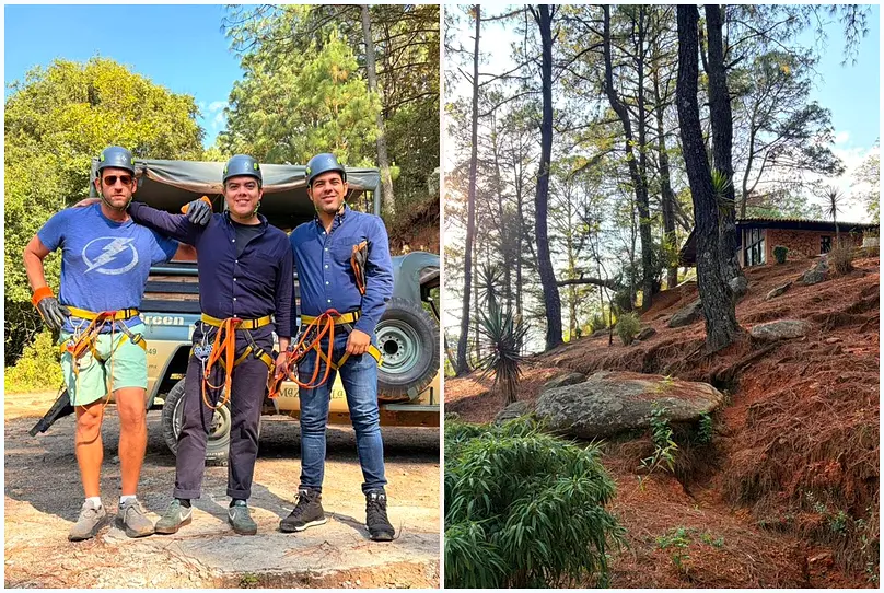 Adventurers ziplining through mountain forests near Mazamitla